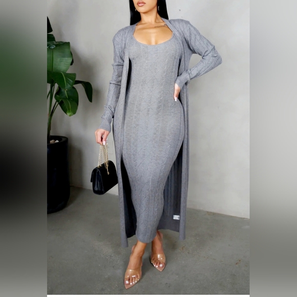 034. RIBBED KNIT TANK DRESS WITH CARDIGAN - Picture 1 of 4